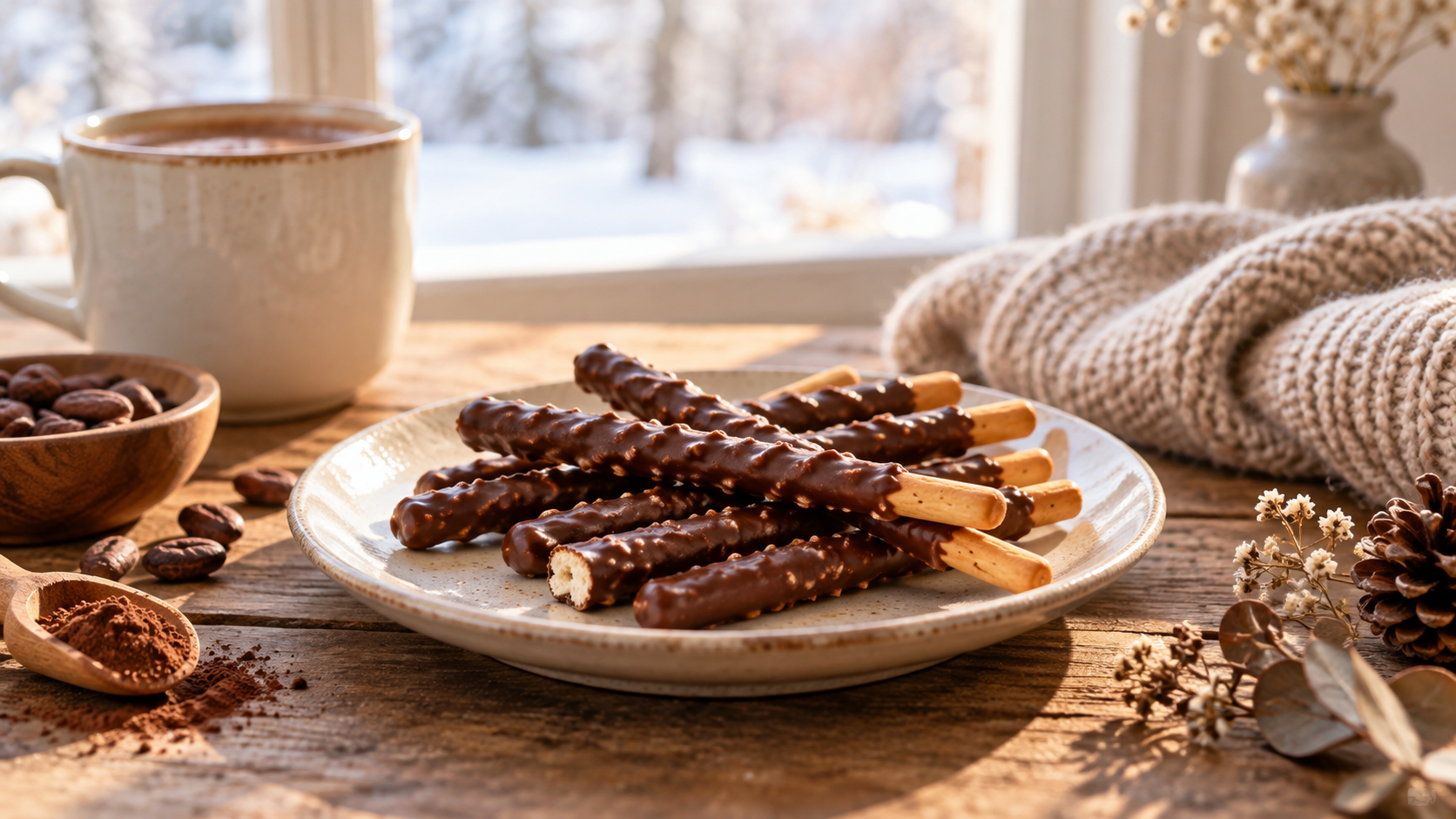 冬の光が入る窓辺で、無地のチョコレートがけスティック菓子と温かい飲み物が置かれたテーブル