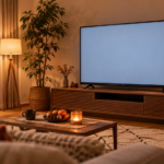 秋の夜のリビングにある無地のテレビ画面とサイドテーブル