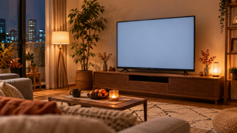 秋の夜のリビングにある無地のテレビ画面とサイドテーブル