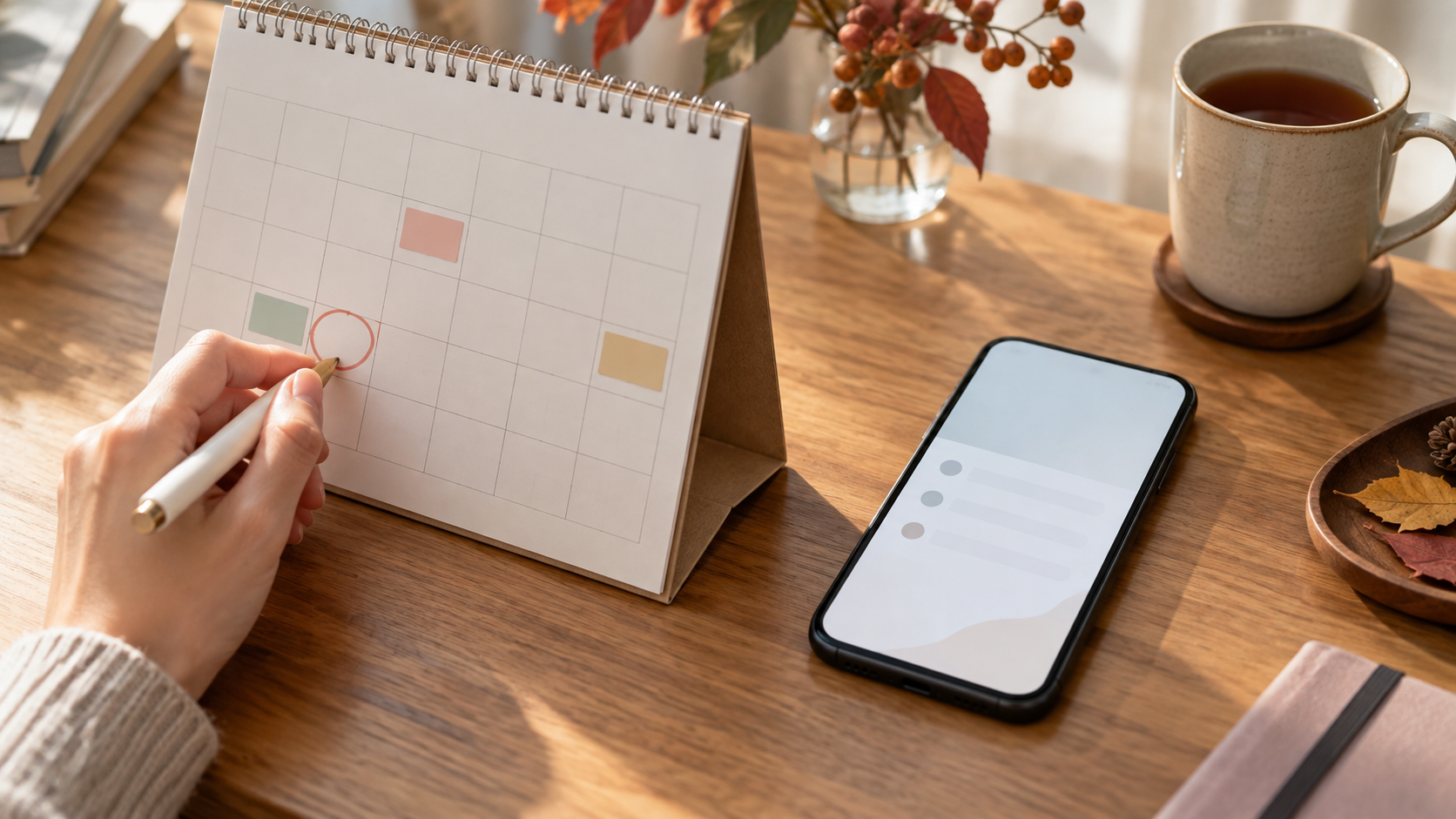 紙のカレンダーとスマートフォンで外出予定を確認する手元