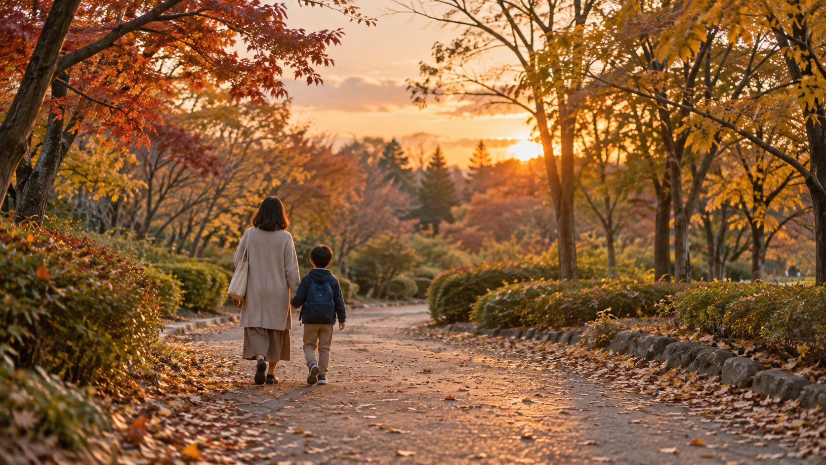 秋の夕方の木立をゆっくり歩く親子の後ろ姿
