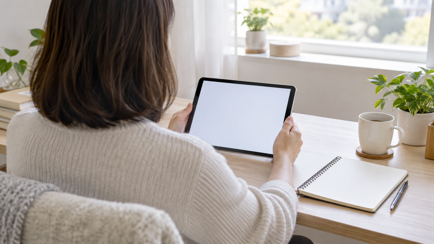 無地のノートとタブレットで番組情報を確認する後ろ姿の人物
