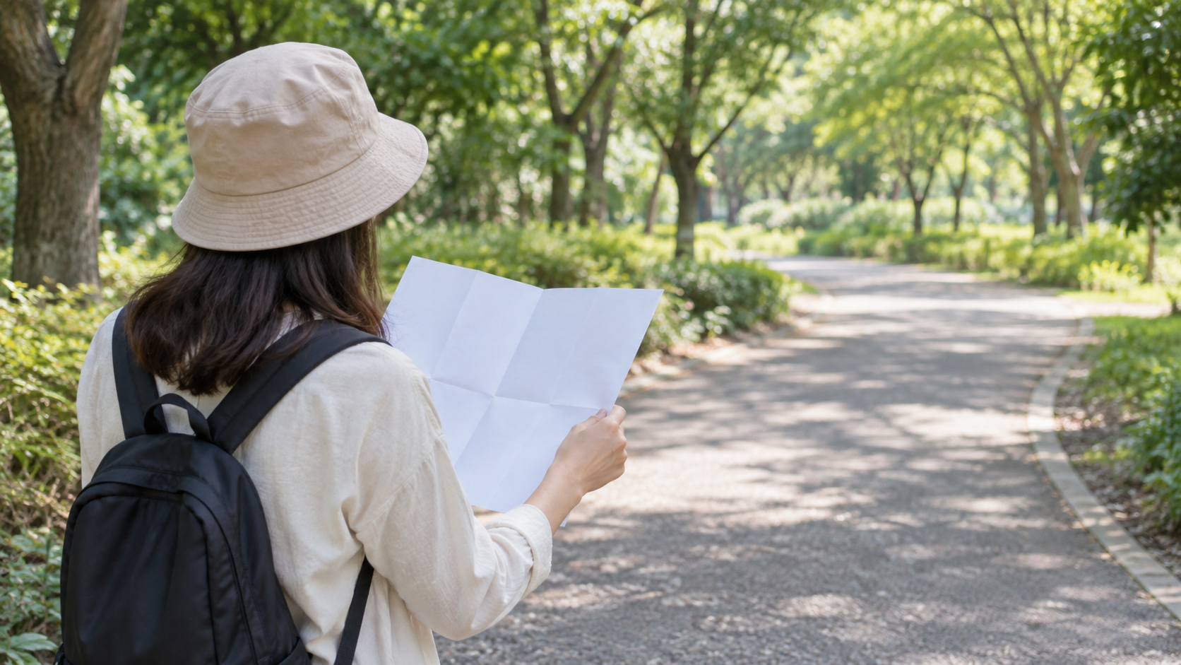 木立のある園路で無地の案内図を確認する来園者の後ろ姿