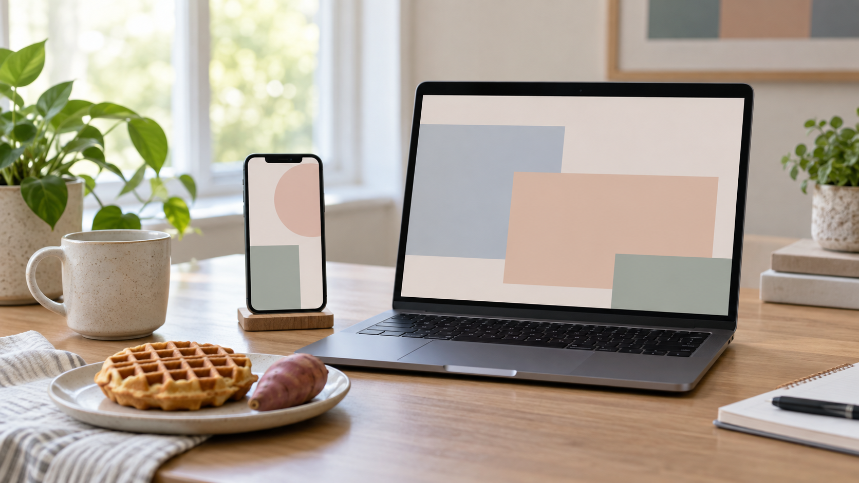 抽象的な画面が表示されたスマートフォンとノートPC、無地のワッフル