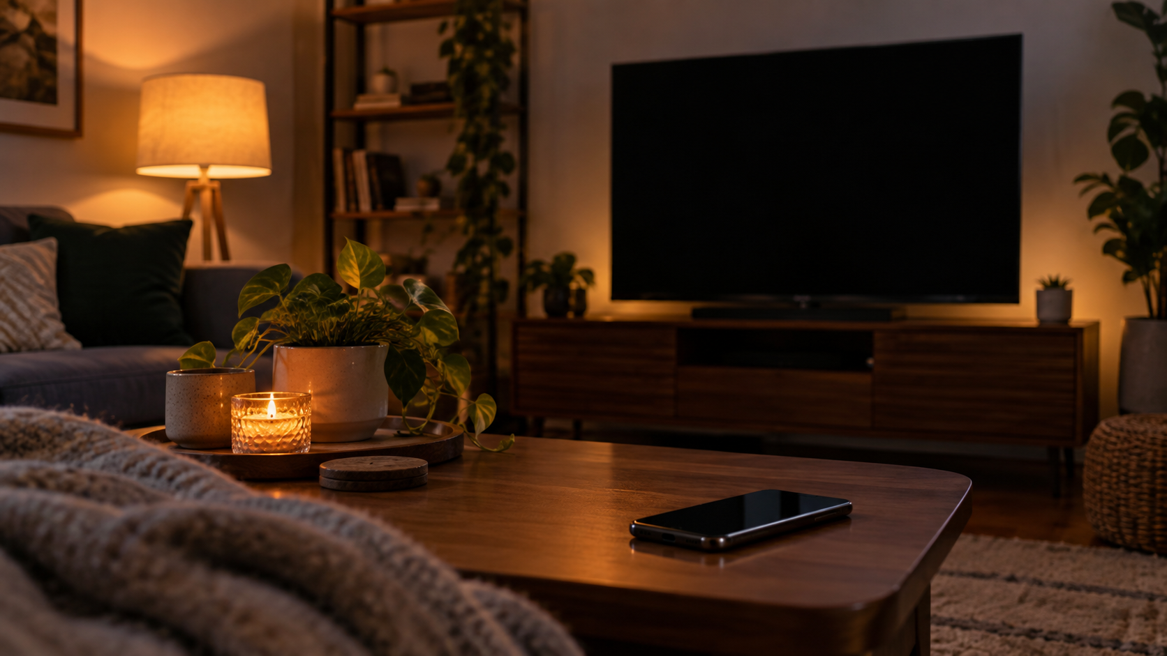 夜のリビングで無地のテレビ画面の前に置かれたスマートフォン