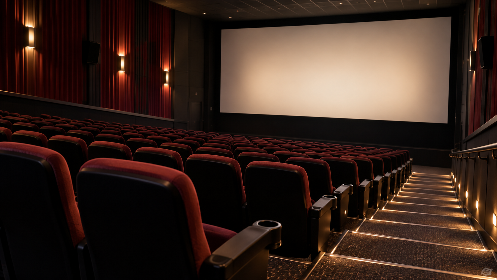 空白のスクリーンと赤い座席が並ぶ無人の映画館内