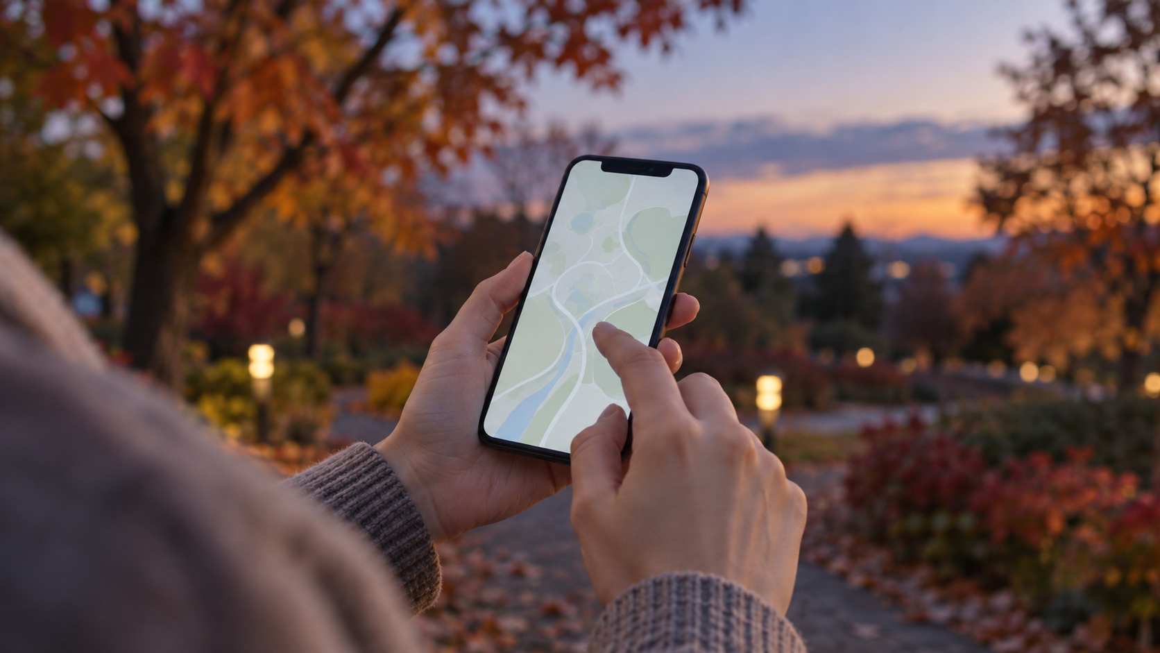 夜のおでかけ前に案内を確認するスマートフォンを持つ手元