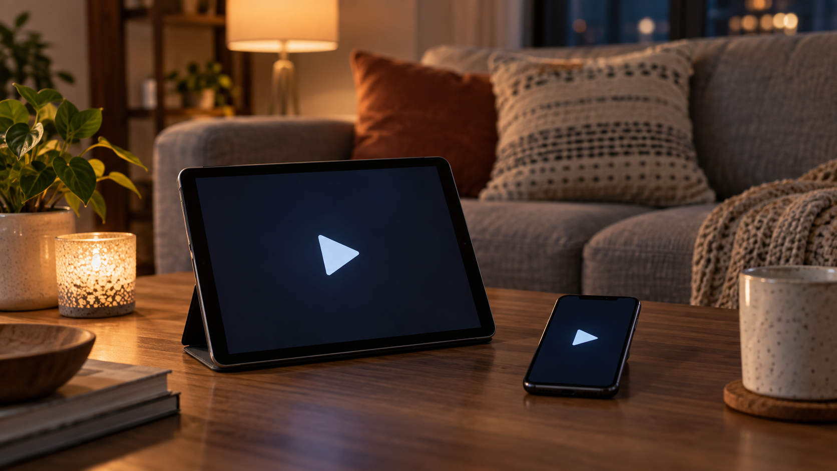ソファ前のタブレットとスマートフォンに抽象的な再生アイコンが映る夜の室内