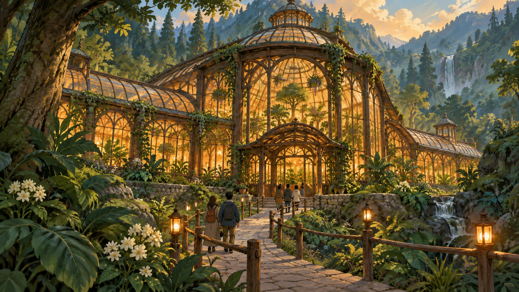 植物が下がる木とガラスの温室展示館へ続く曲線の待機路