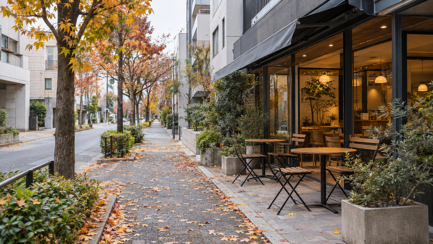 落ち葉のある静かな街路と、無地の外観のカフェテラス