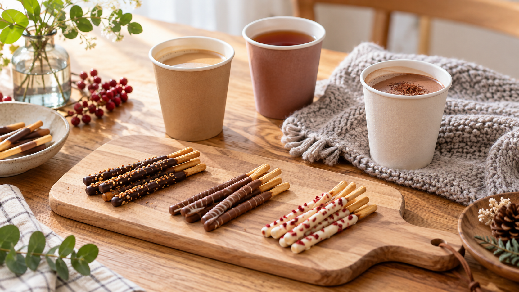 温かい飲み物と数種類の無地のチョコレートがけスティック菓子を並べた木のテーブル