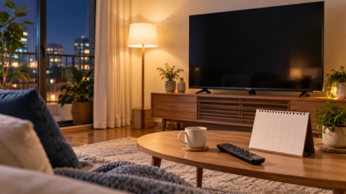 夜のリビングで無地のテレビ画面とカレンダー、リモコンを確認する様子