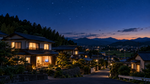 星空の見える町と暖かな窓明かりのある夜の住まい