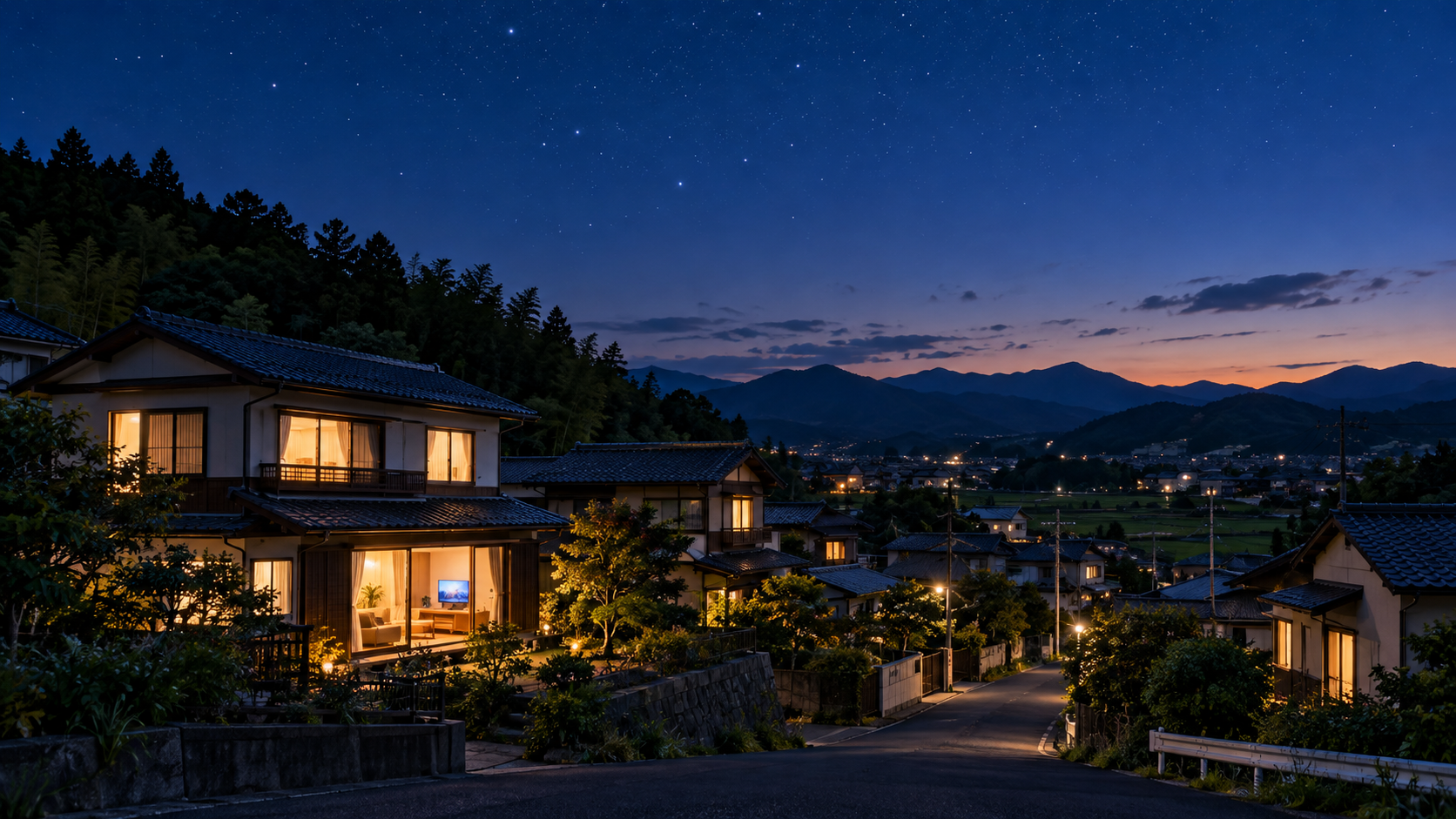 星空の見える町と暖かな窓明かりのある夜の住まい