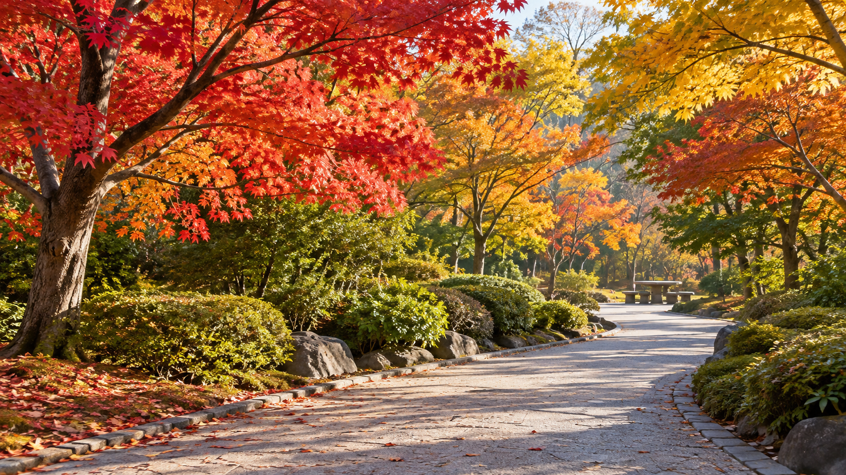 秋の木立と広い遊歩道がある都市公園の朝の風景