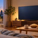 夜のリビングで無地のテレビ画面と時計を置いた視聴準備の風景
