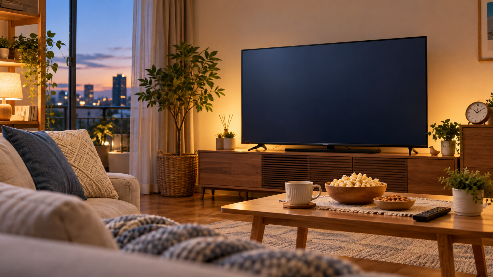 夜のリビングで無地のテレビ画面と時計を置いた視聴準備の風景