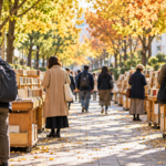 秋の並木道で無地の古書ワゴンを見て歩く人々のイメージ