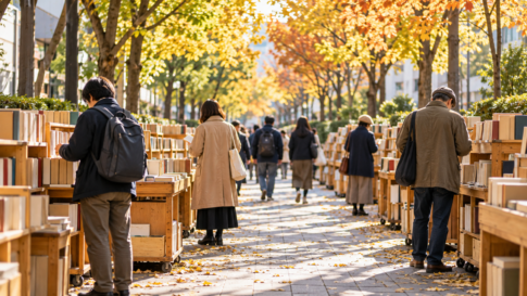 秋の並木道で無地の古書ワゴンを見て歩く人々のイメージ