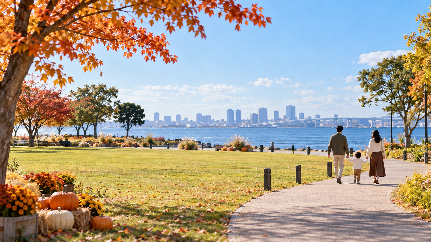 秋の海辺の芝生公園を歩く家族の後ろ姿と控えめなハロウィーン装飾のイメージ