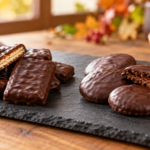 無地のチョコレート菓子とカカオ豆を並べた秋のテーブル