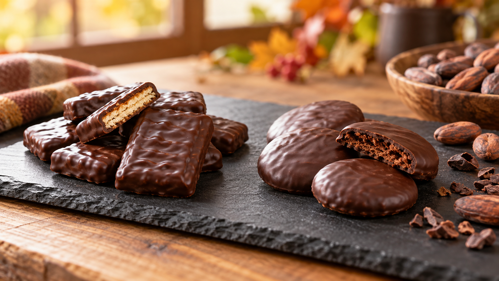 無地のチョコレート菓子とカカオ豆を並べた秋のテーブル
