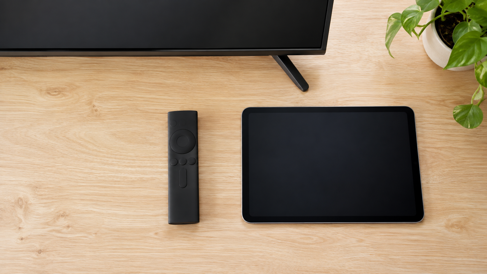 無地画面のテレビとタブレットで二つの視聴方法を比べる机上