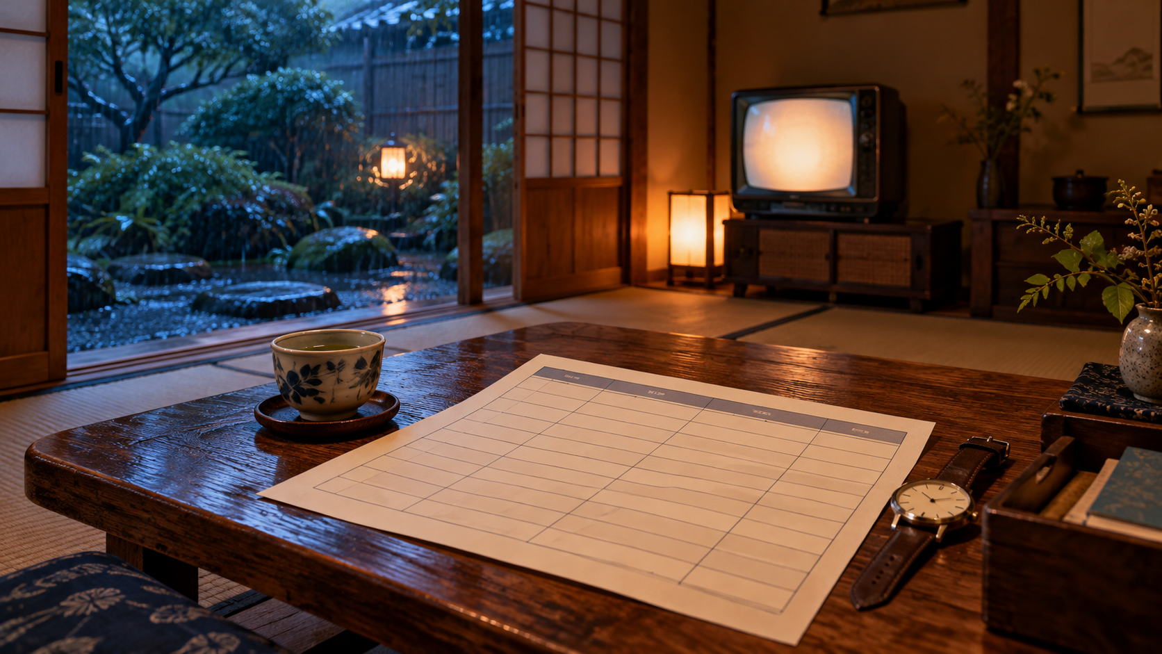 雨の庭が見える和室で、無地のテレビと予定表、茶器を置いたイメージ