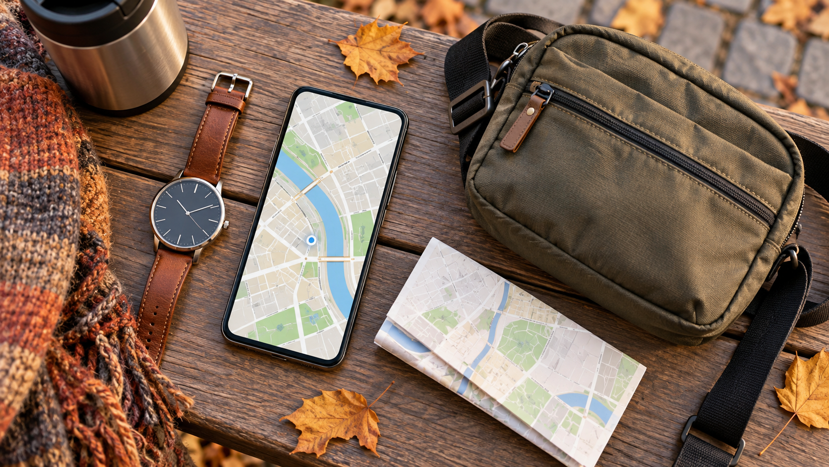 地図を表示したスマートフォンと腕時計、街歩き用バッグを並べた出発準備