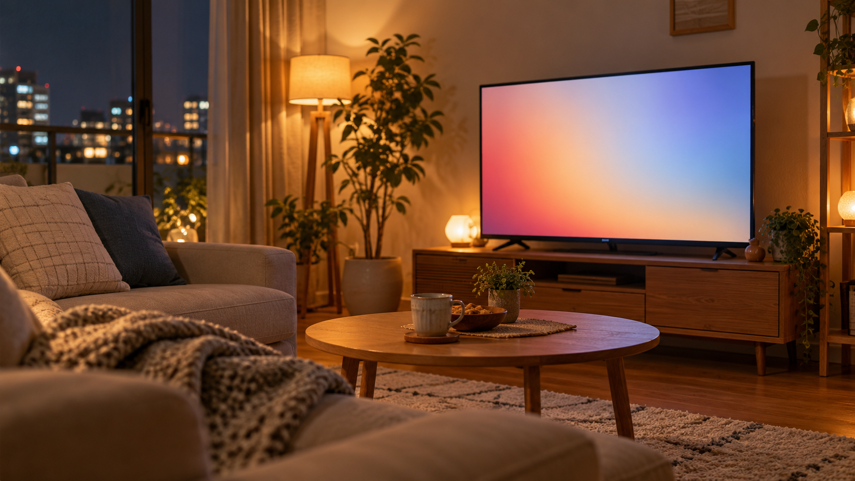 暖かな照明のリビングで抽象的な無地のテレビ画面を見る空間