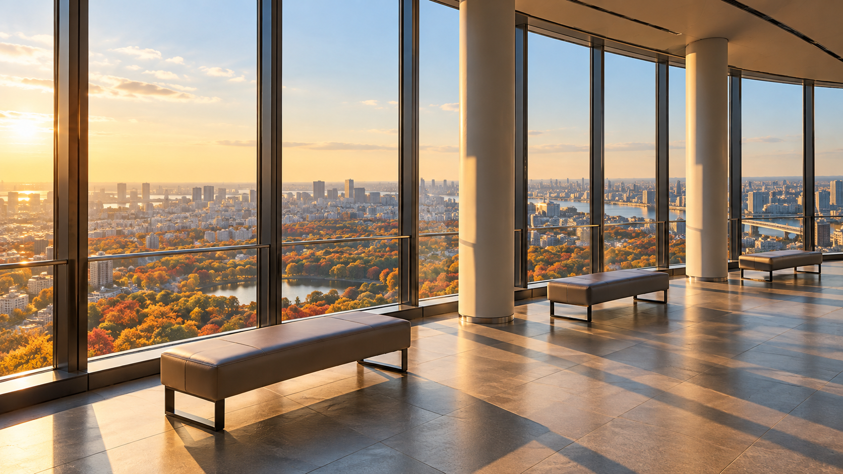 夕方の街並みと秋の木立を見渡す無人の展望フロアのイメージ