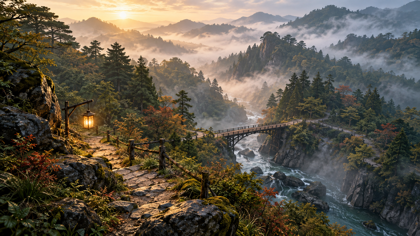 朝霧の山あいを渡る木橋と山道、灯りのイメージ