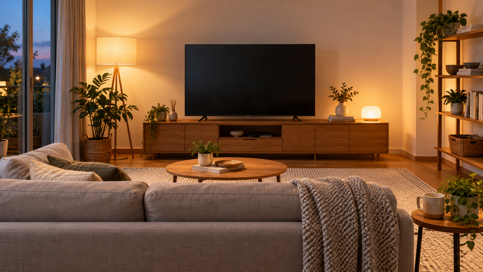 明かりを落としたリビングの無地のテレビで視聴準備をするイメージ