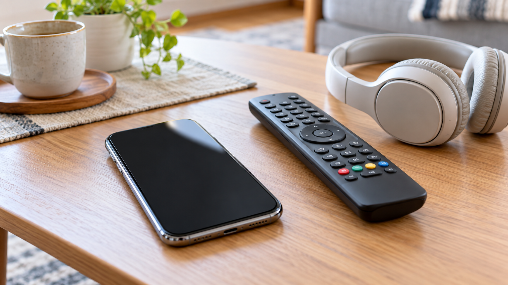 木のテーブルに置いた無地のスマートフォンとリモコン、ヘッドホン