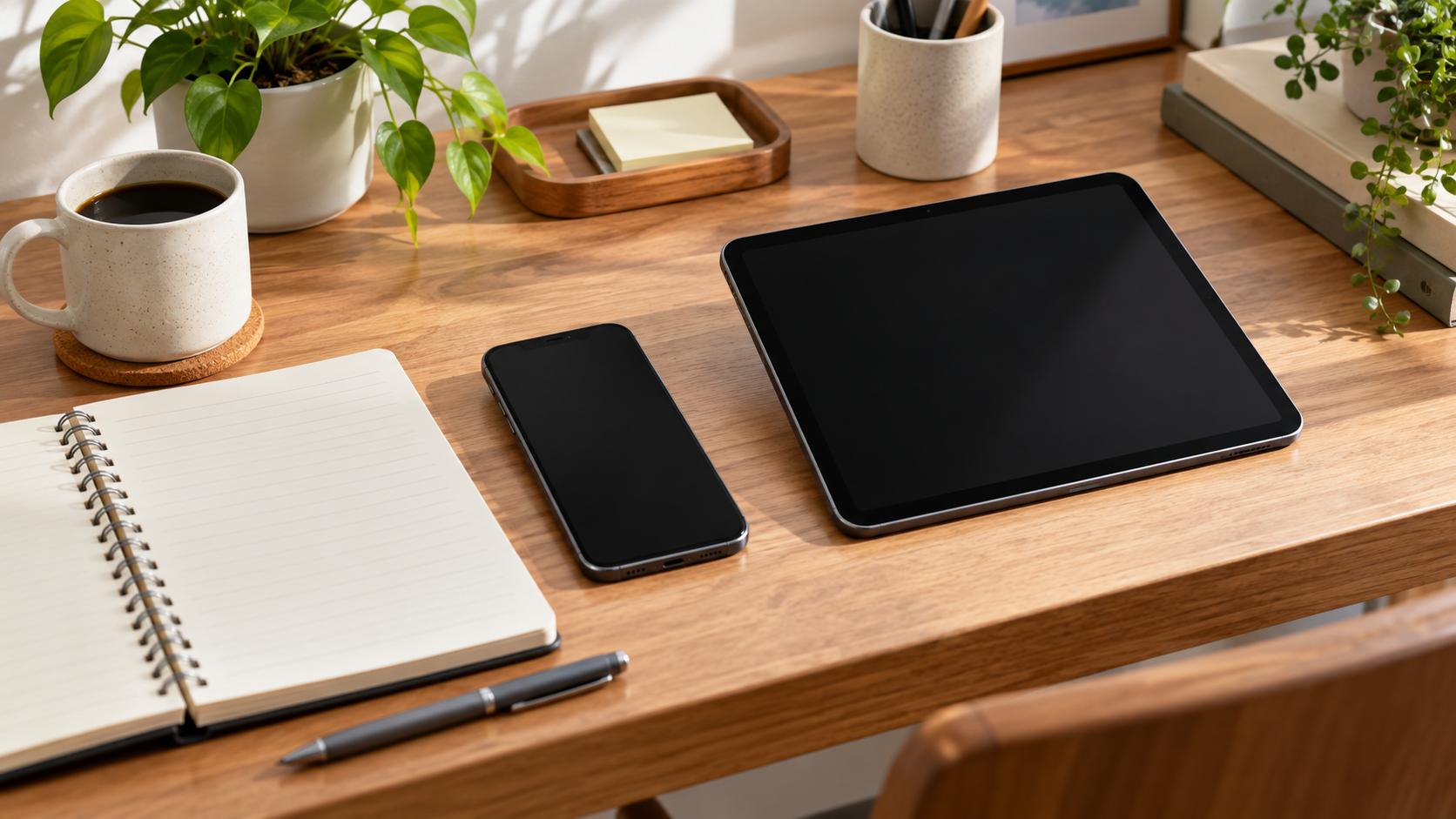 無地のスマートフォンとタブレット、ノートを置いた机
