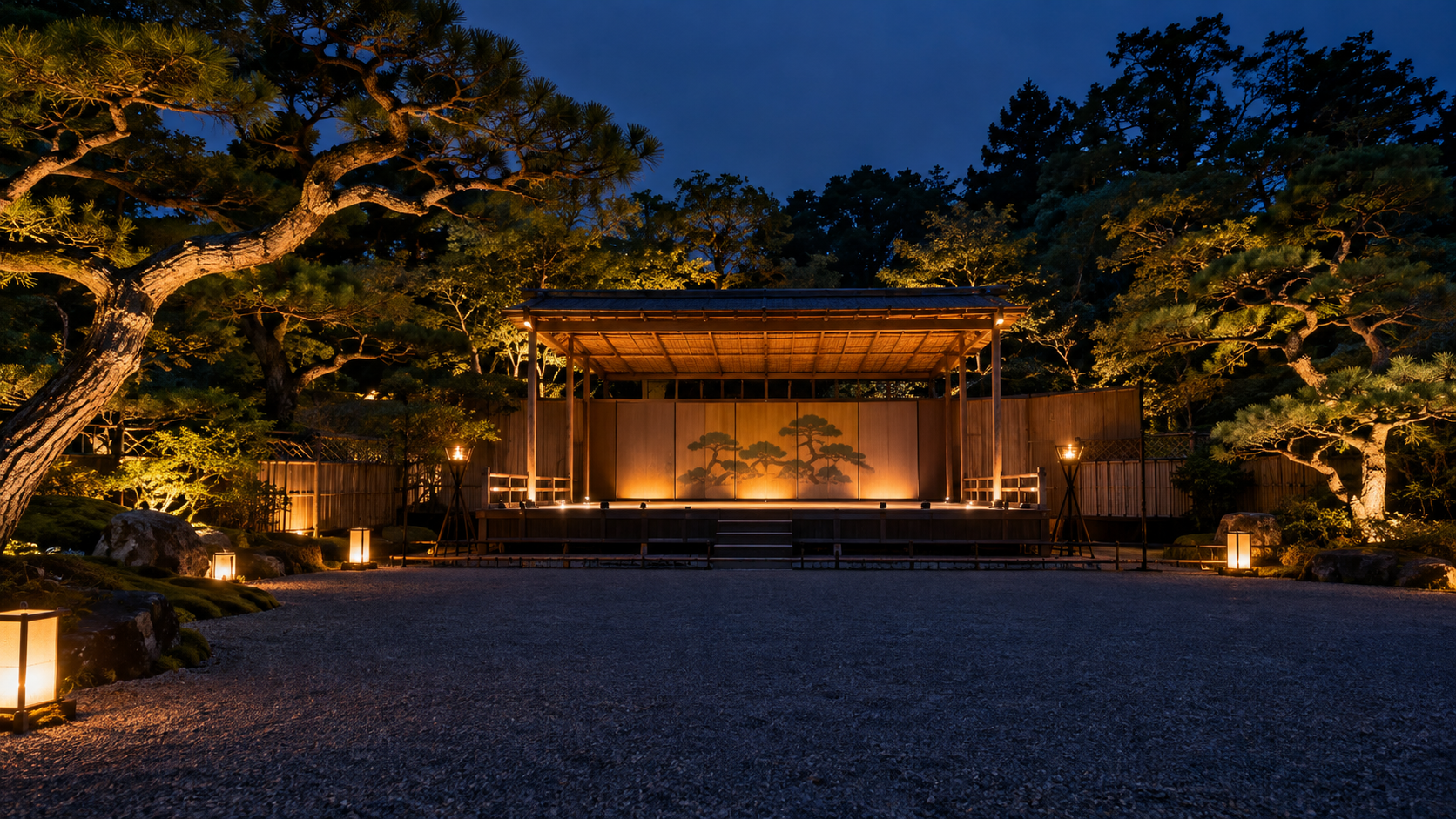 松に囲まれた夜の屋外舞台のイメージ