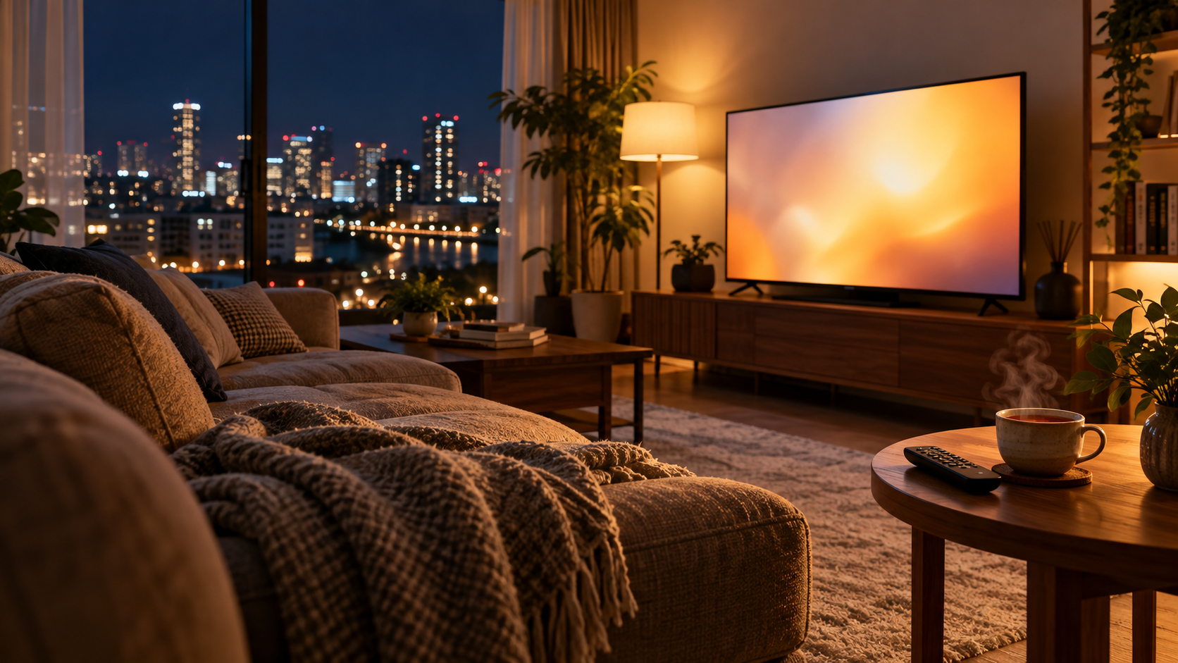 夜景が見えるリビングで、無地のテレビと湯気の立つ茶を置いたイメージ
