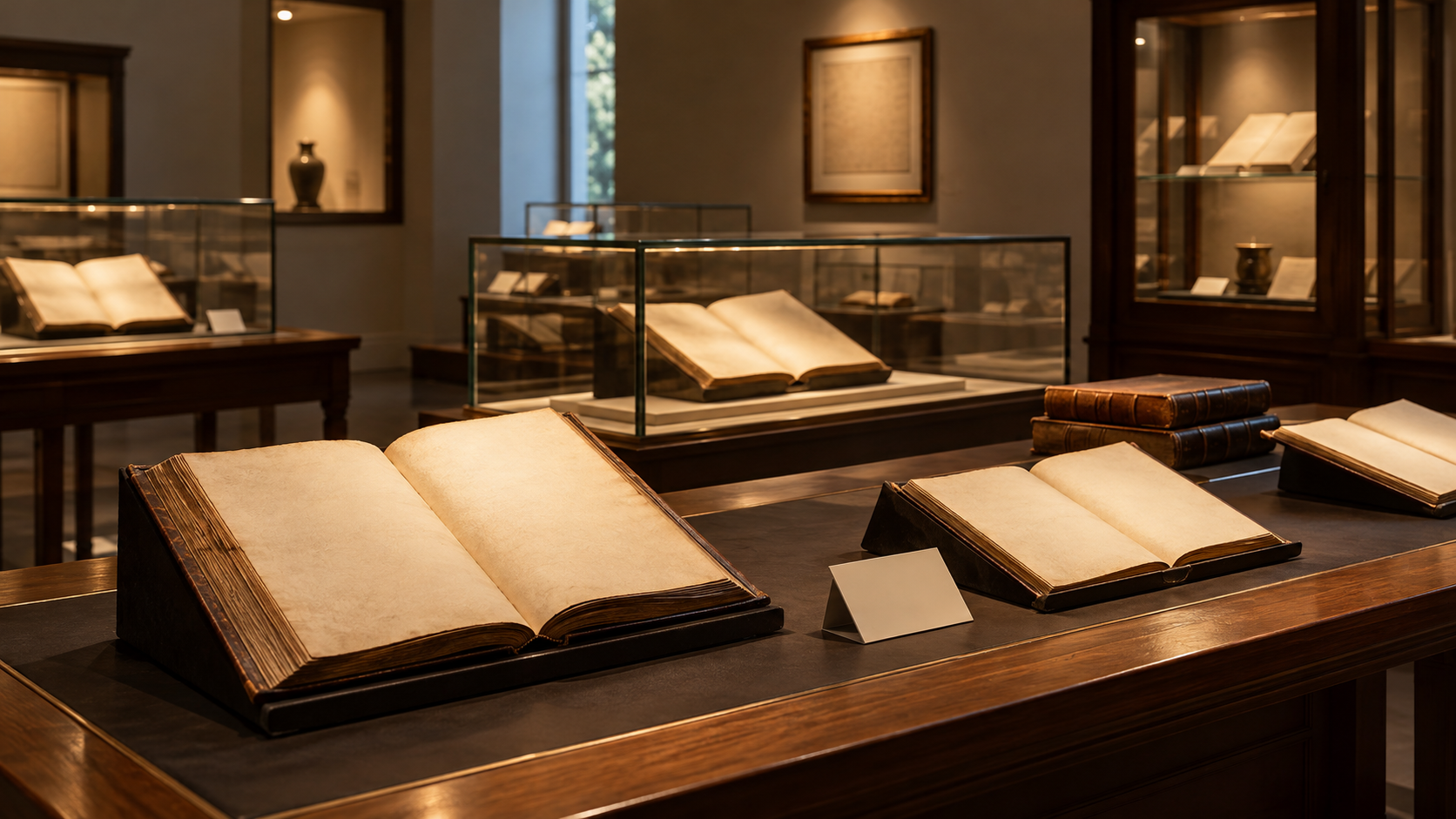 白紙の古書を展示した落ち着いた室内展示空間のイメージ