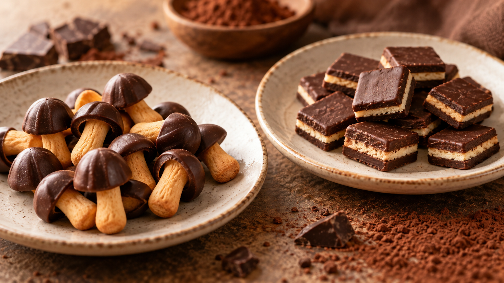 形の異なる無地のチョコレート菓子を別の皿に並べたイメージ