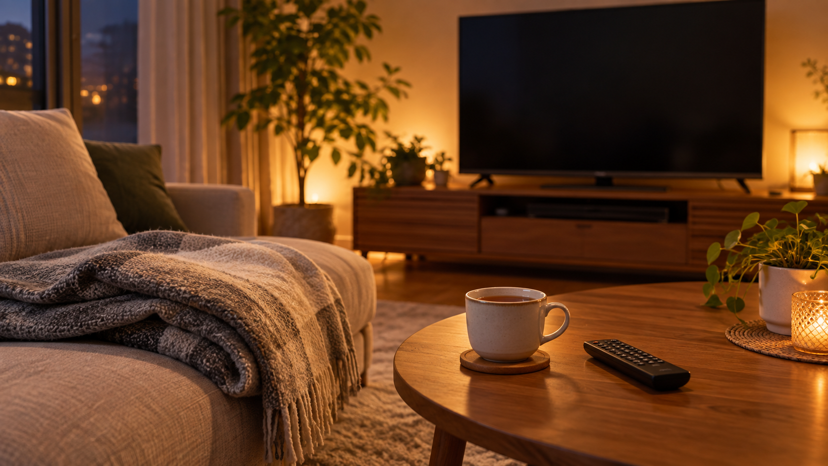 夜のリビングで毛布と茶、リモコンを用意して無地のテレビを見る準備