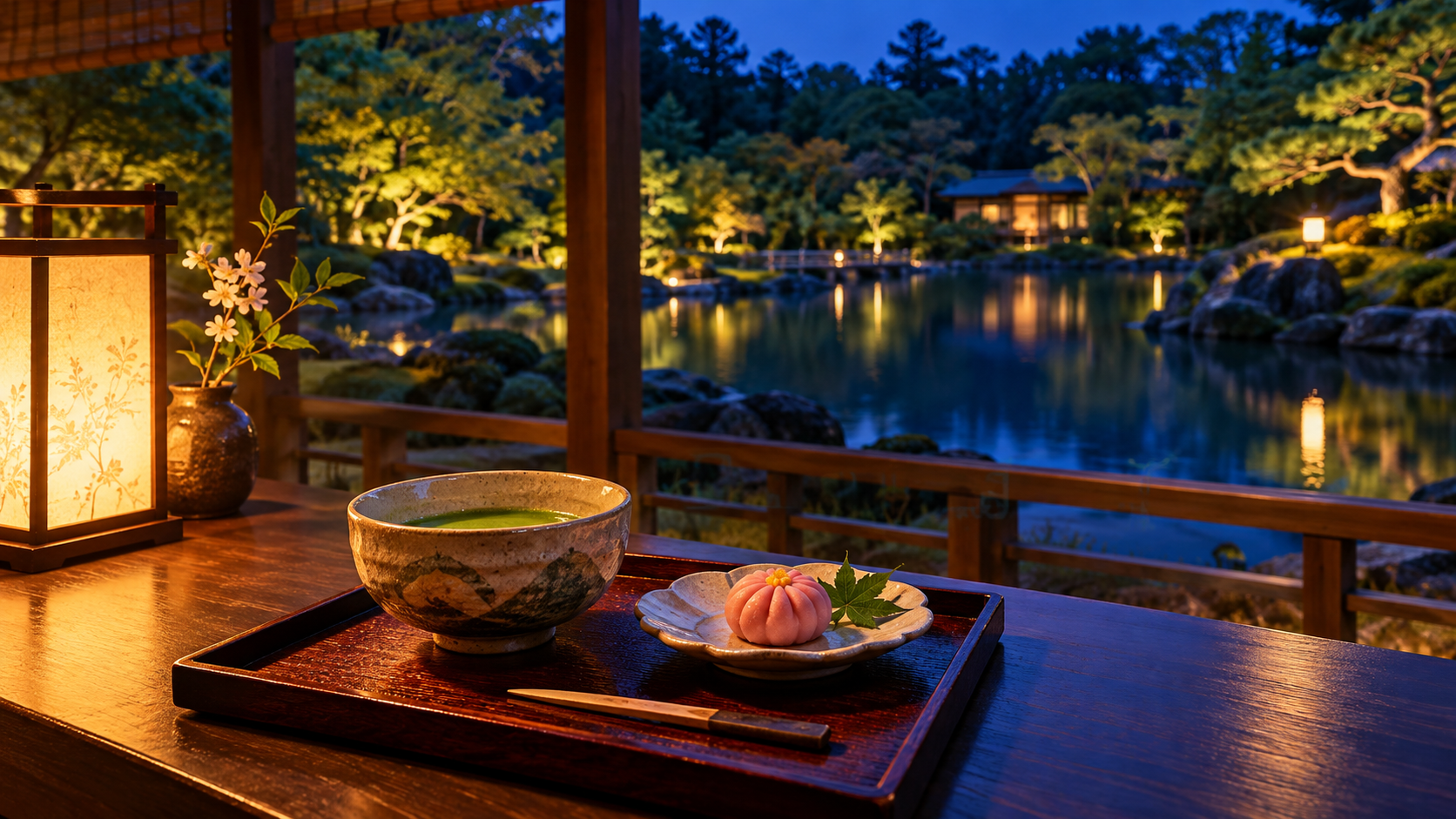 抹茶と季節の和菓子を置いた夜の茶屋席のイメージ