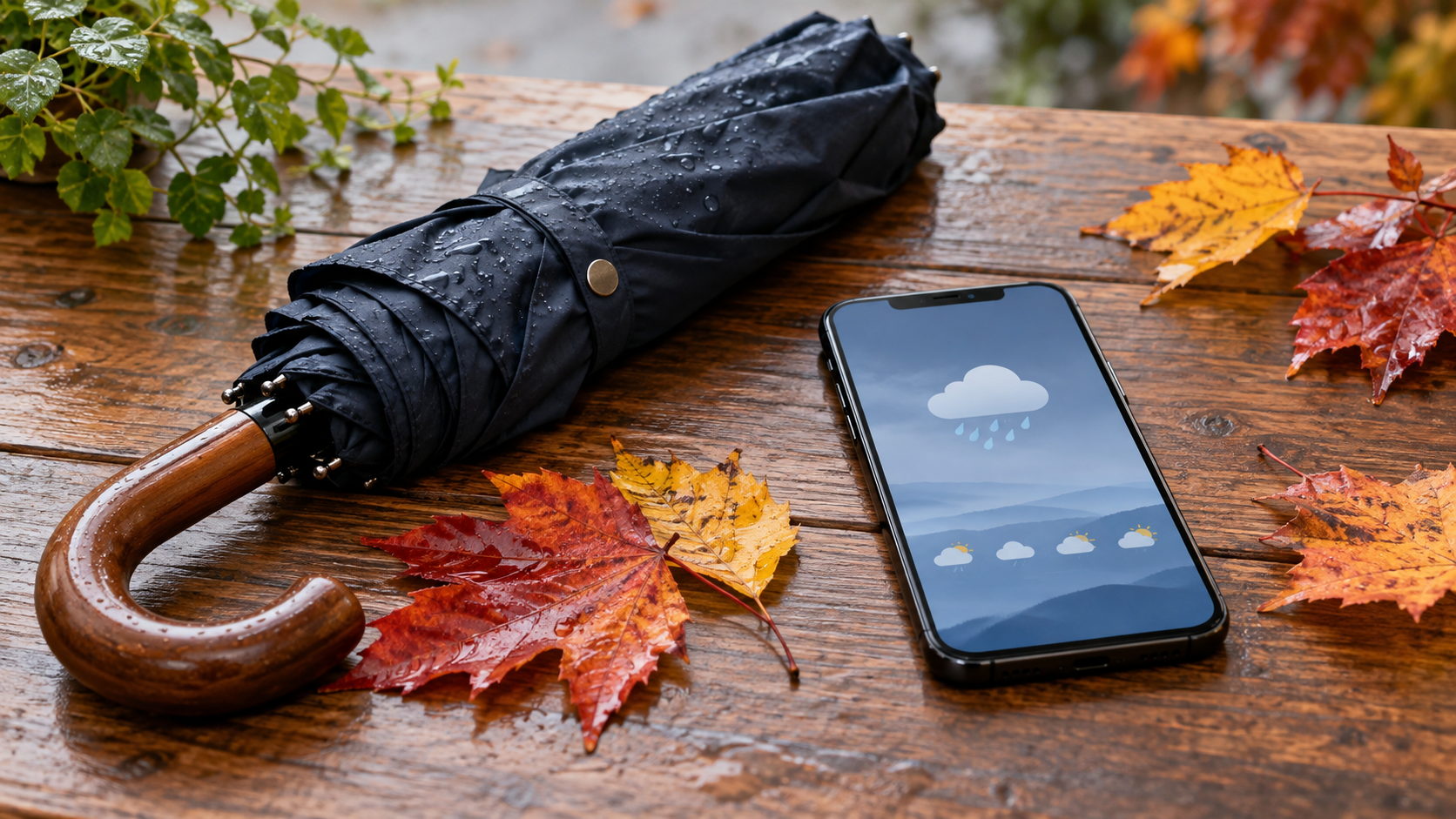 雨に濡れた無地の傘と天気アイコンを表示したスマートフォン、秋の葉