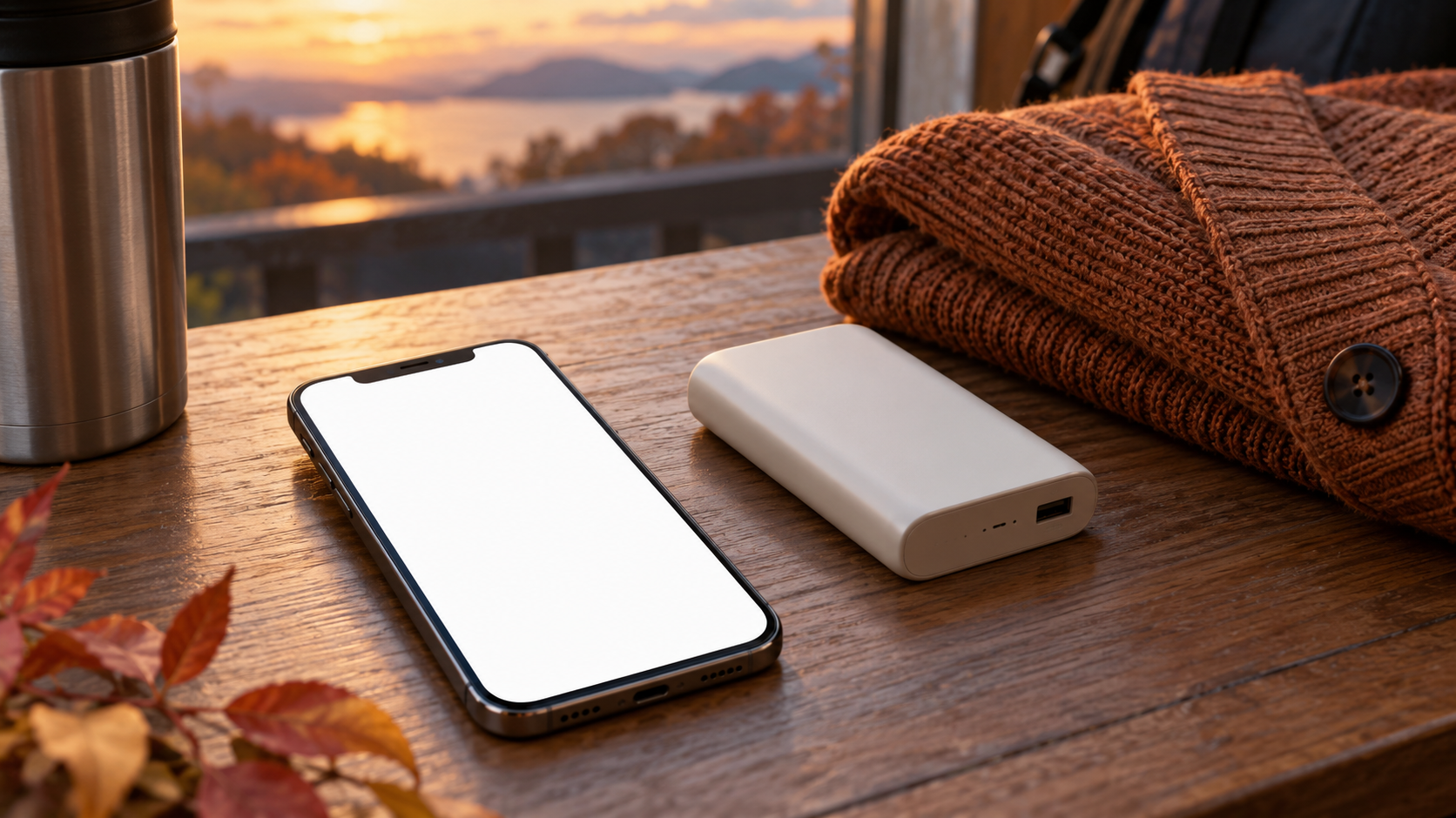 空白のスマートフォン画面とモバイルバッテリーで当日確認を表すイメージ
