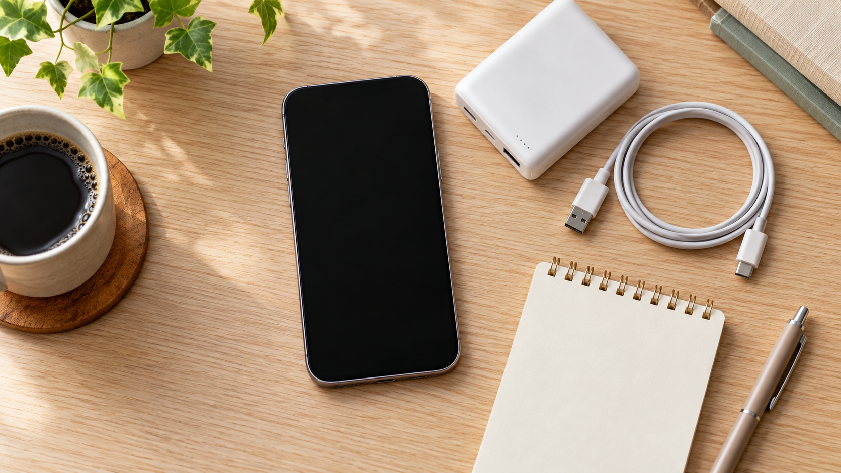スマートフォンと充電器を机上に置いた当日の公式情報確認のイメージ